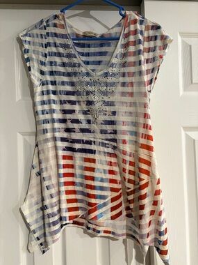 live and let live Striped V-Neck Tunic in Red, Blue & White